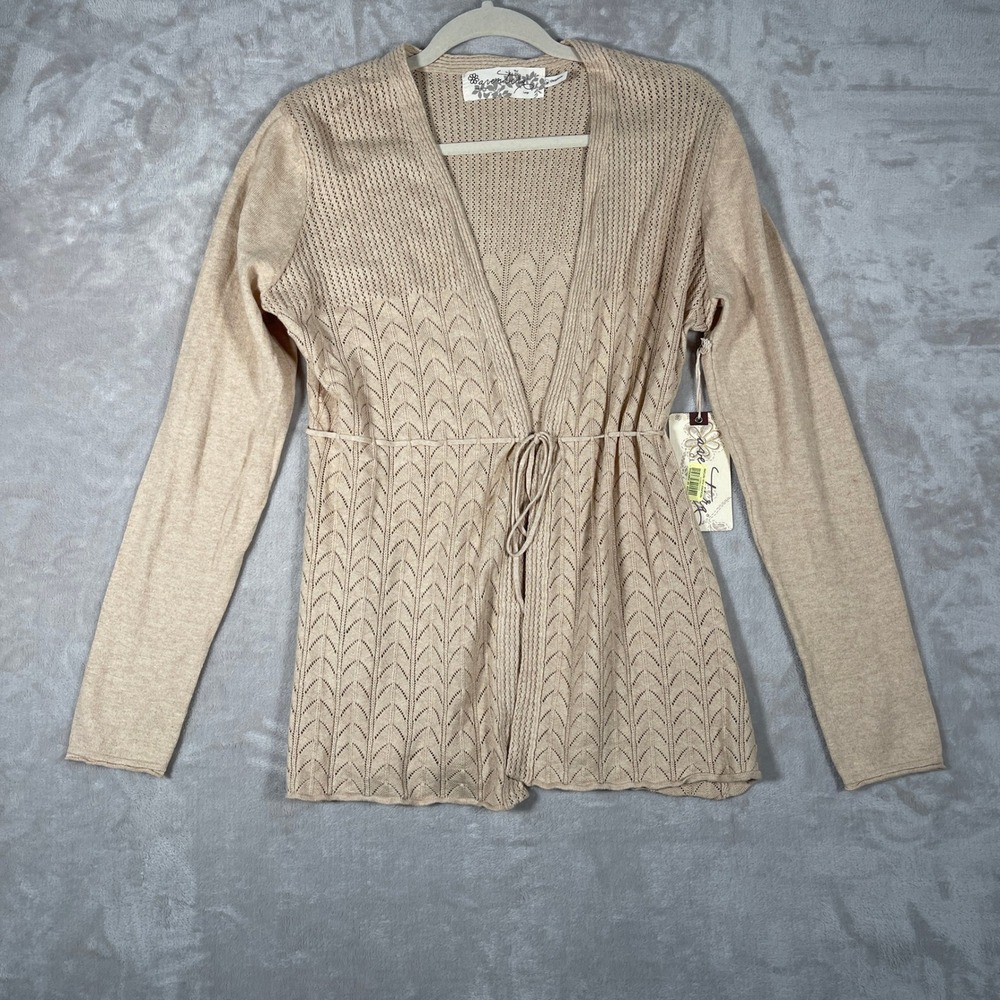 NEW Aventura Women's Cardigan Knit Neutral Tie Front Cottagecore L Tan